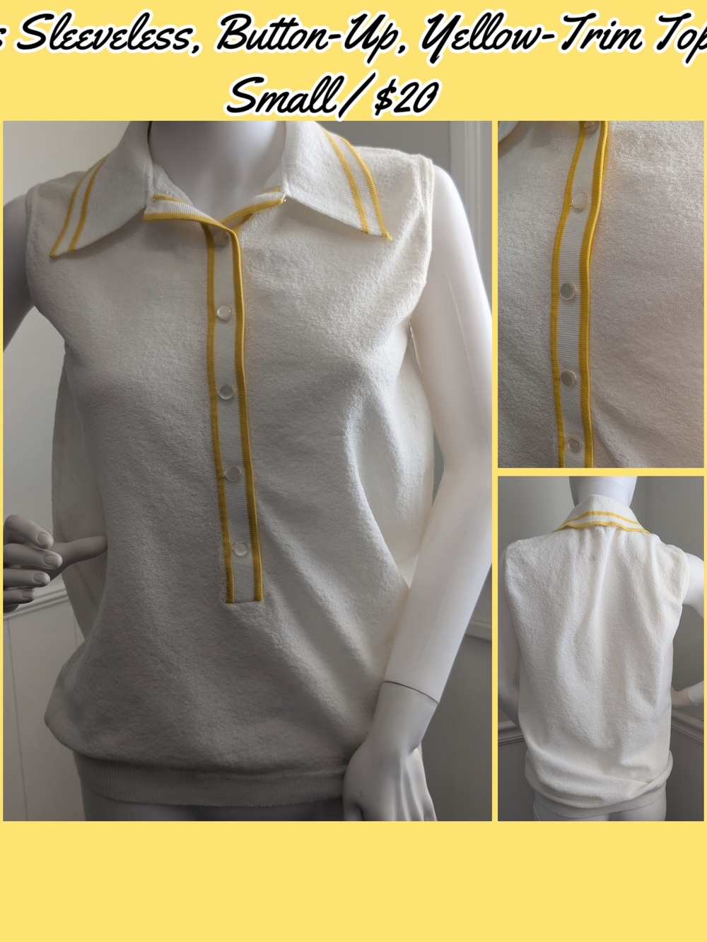 vintage Sleeveless Button-Up Knit Top with Yellow Trim